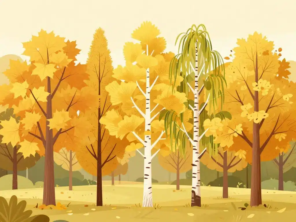 différents arbres feuillage jaune automne parc