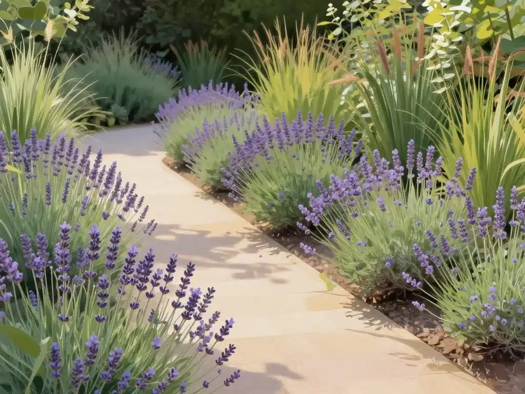 bordure lavande et graminées harmonieusement plantée