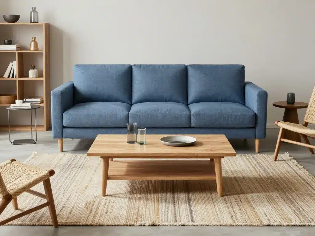 Déco salon canapé bleu, agencement meubles et matières