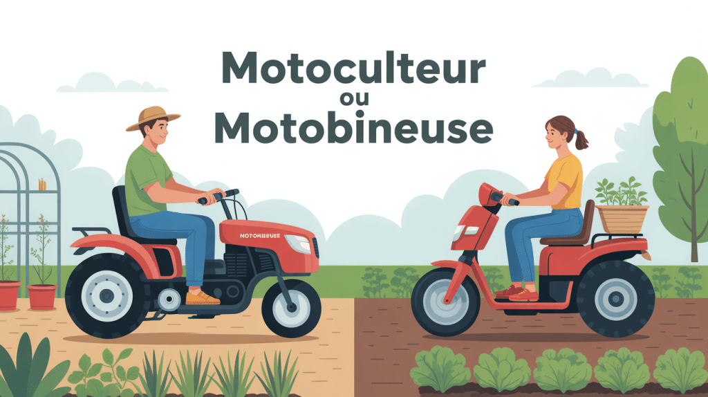 différence entre motoculteur et motobineuse, illustration vectorielle dans un jardin potager