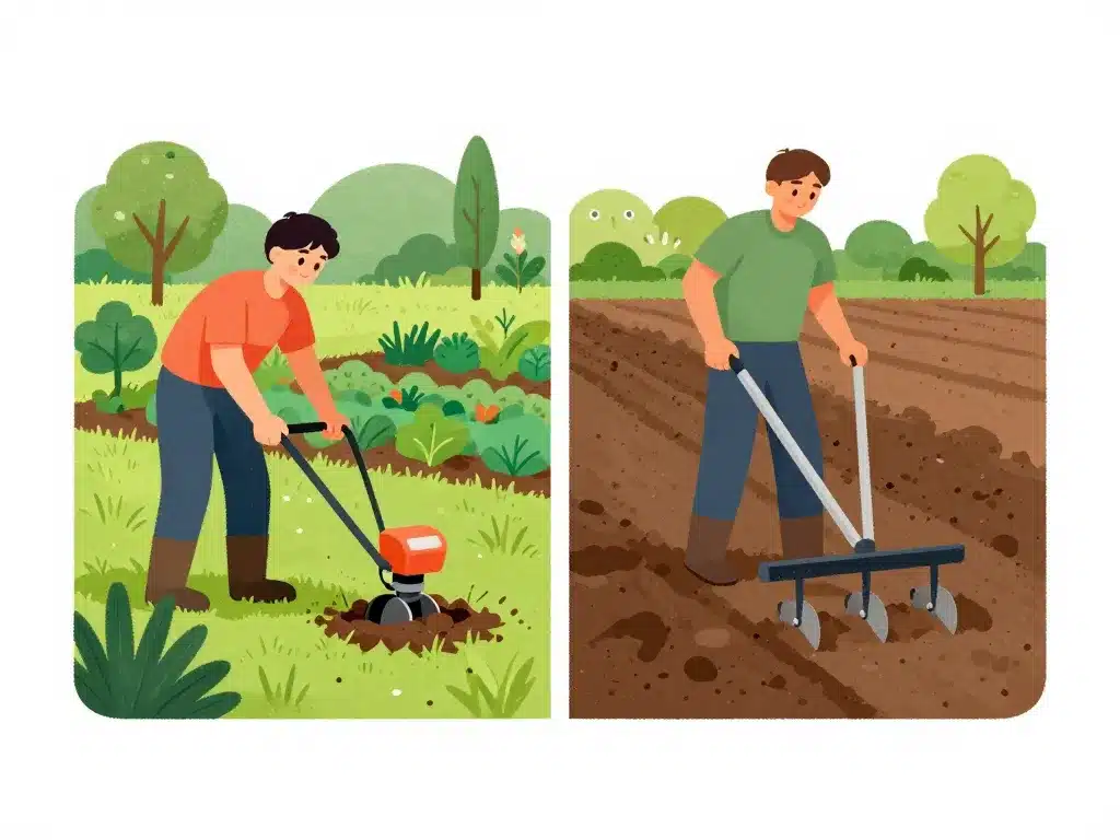 différence entre motoculteur et motobineuse, machines comparées en situation de jardin