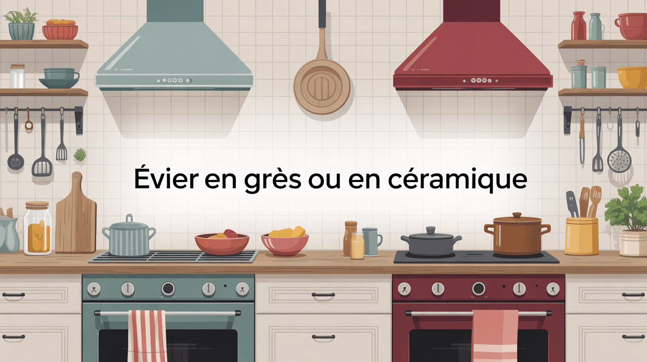 Illustration évier en grès ou céramique dans cuisine lumineuse