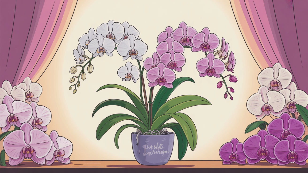 Noble dendrobium en fleurs dans un pot en intérieur