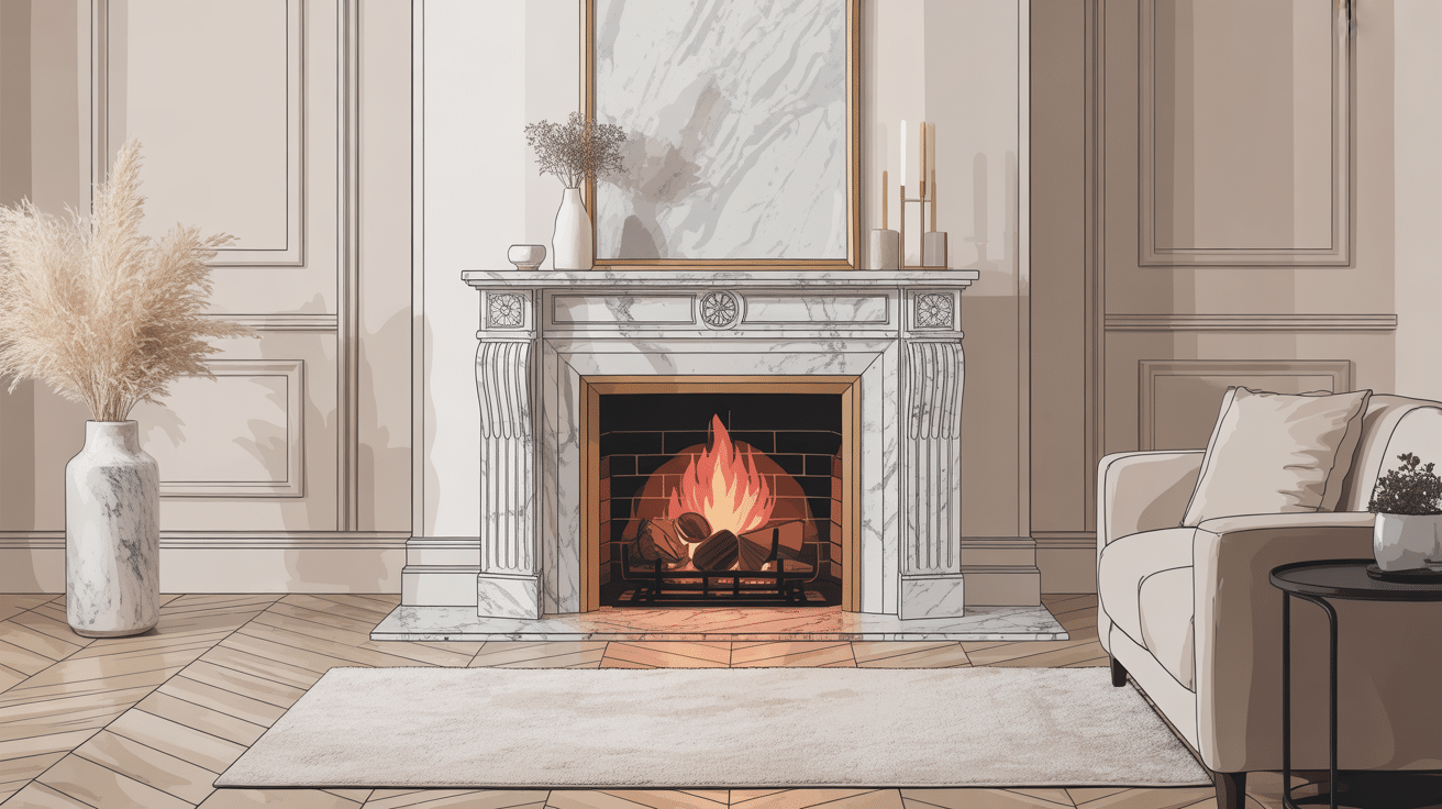 Illustration d'une cheminée en marbre moderne, peinture sur marbre cheminée