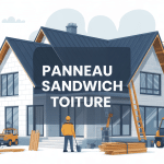 Pose panneau sandwich toiture sur bâtiment moderne avec ouvriers