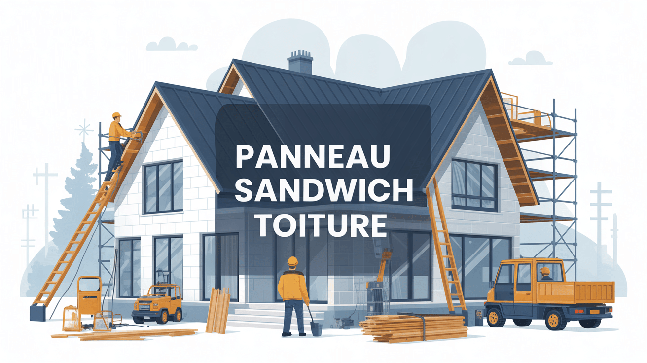Pose panneau sandwich toiture sur bâtiment moderne avec ouvriers