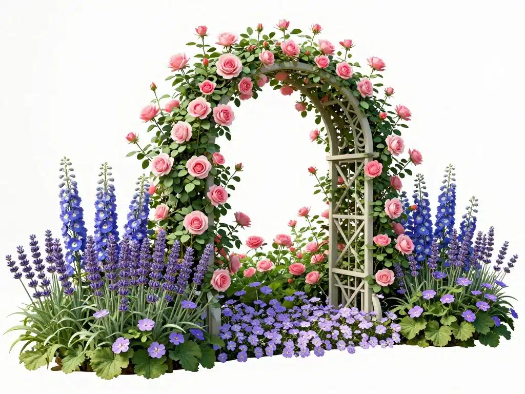 rosa eden rose sur arche avec lavande et géraniums