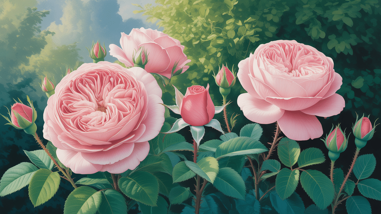 rosa eden rose en arbuste fleuri devant verdure