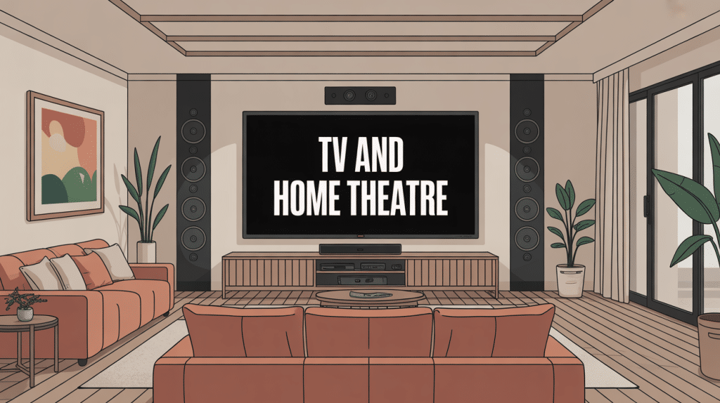 illustration tv and home theatre salon moderne écran audio canapés