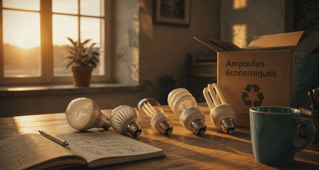 Ampoule economique LED et fluocompacte sur table
