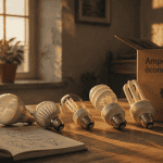 Ampoule economique LED et fluocompacte sur table