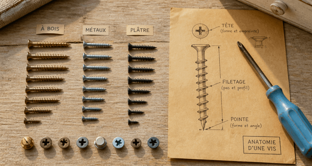 vue flat-lay une vis des visses schéma bois