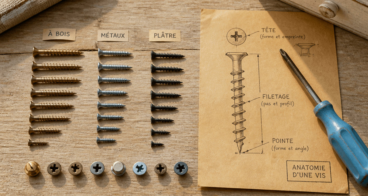 vue flat-lay une vis des visses schéma bois