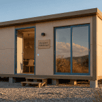 bungalow préfabriqué moderne façade sable et baies vitrées