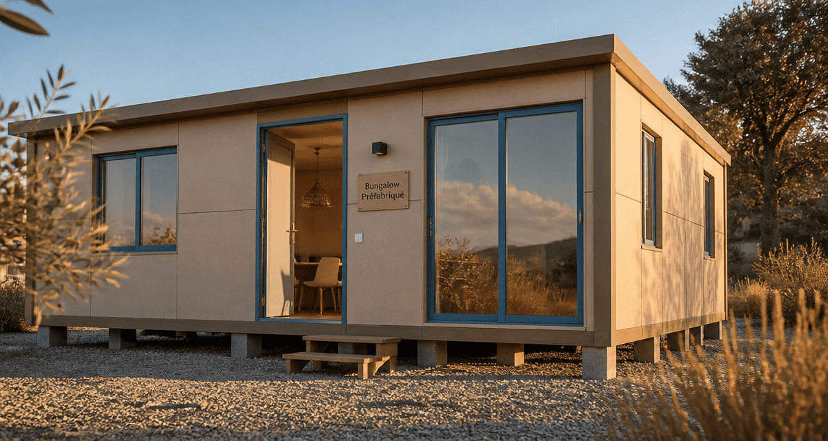bungalow préfabriqué moderne façade sable et baies vitrées