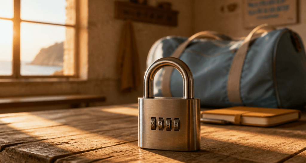code cadenas sur table bois lumière dorée