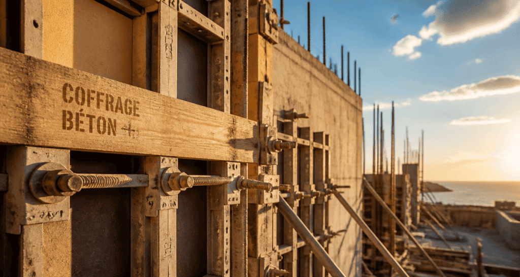 Coffrage mur béton avec accessoires sur chantier
