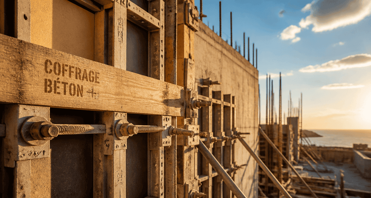 Coffrage mur béton avec accessoires sur chantier