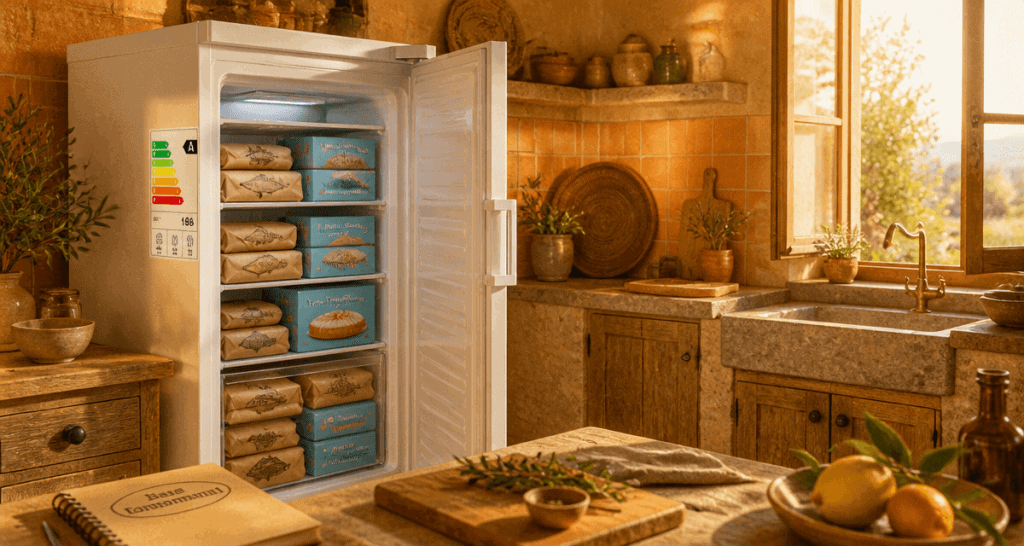 congélateur basse consommation ouvert dans cuisine lumineuse