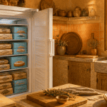 congélateur basse consommation ouvert dans cuisine lumineuse