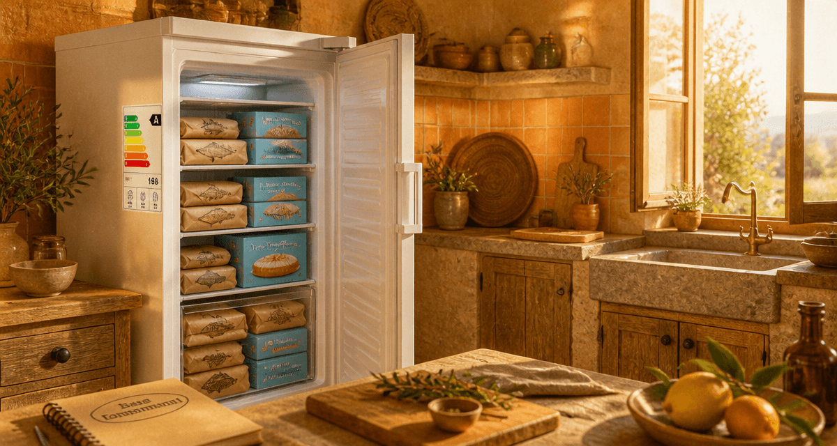 congélateur basse consommation ouvert dans cuisine lumineuse