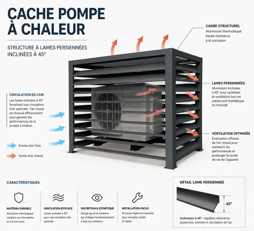 Schéma de conception d'un cache pompe à chaleur avec persiennes pour une ventilation optimale