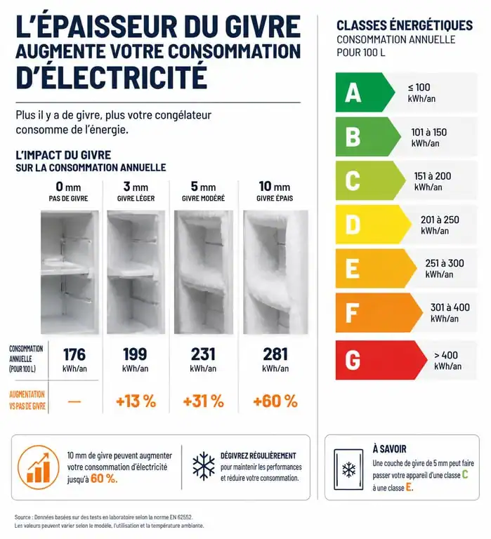 Infographie montrant l'impact du givre sur la consommation d'un congélateur basse consommation et les classes énergétiques
