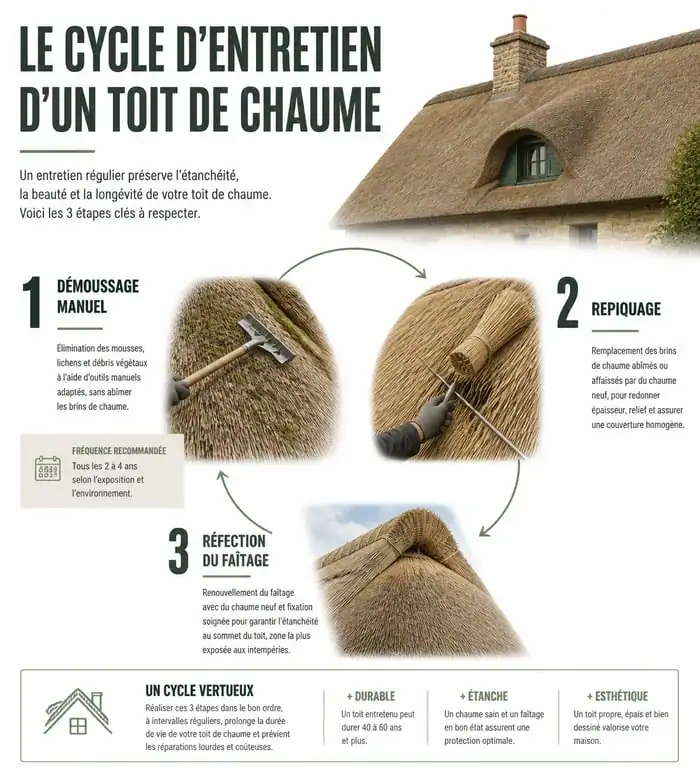 Infographie du cycle d'entretien d'un toit de chaume : démoussage, repiquage et réfection