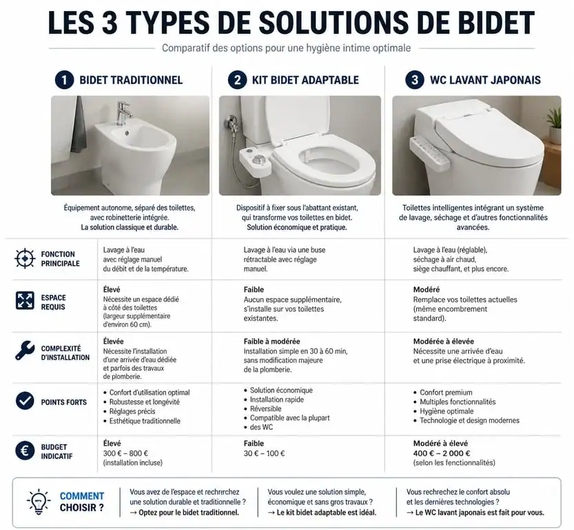 Comparatif des différents types de bidet toilet bidet : traditionnel, kit adaptable et WC japonais