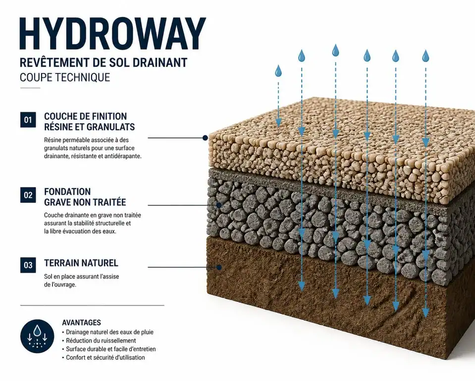 Schéma technique des couches d'un revêtement Hydroway pour comprendre les problèmes de drainage