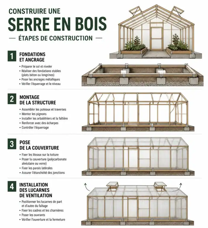 Infographie des étapes de construction d'une serre en bois pour jardin