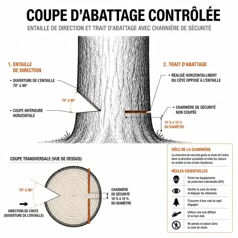 Schéma technique des étapes de coupe d'arbre : entaille de direction et charnière de sécurité