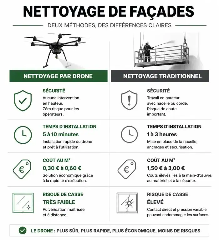 Infographie comparative : nettoyage de toiture par drone vs méthode traditionnelle