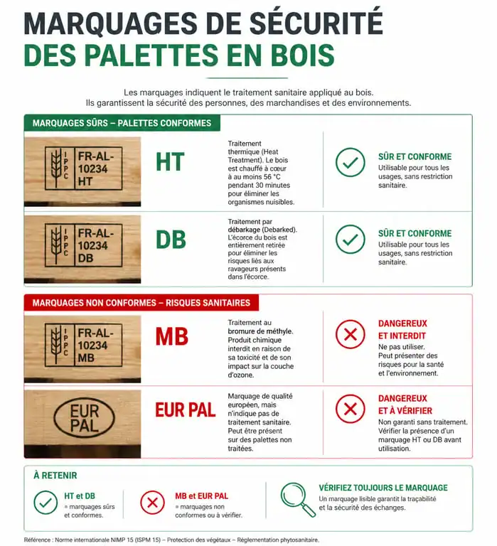 Infographie des marquages de sécurité pour palettes en bois