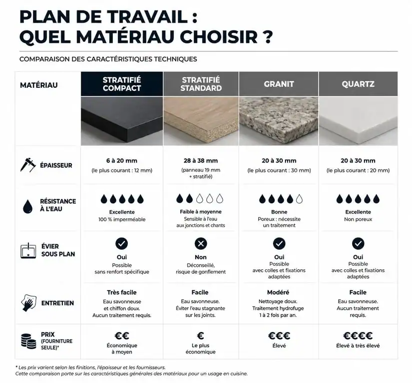 Comparatif des matériaux pour plan de travail : stratifié compact vs granit vs quartz