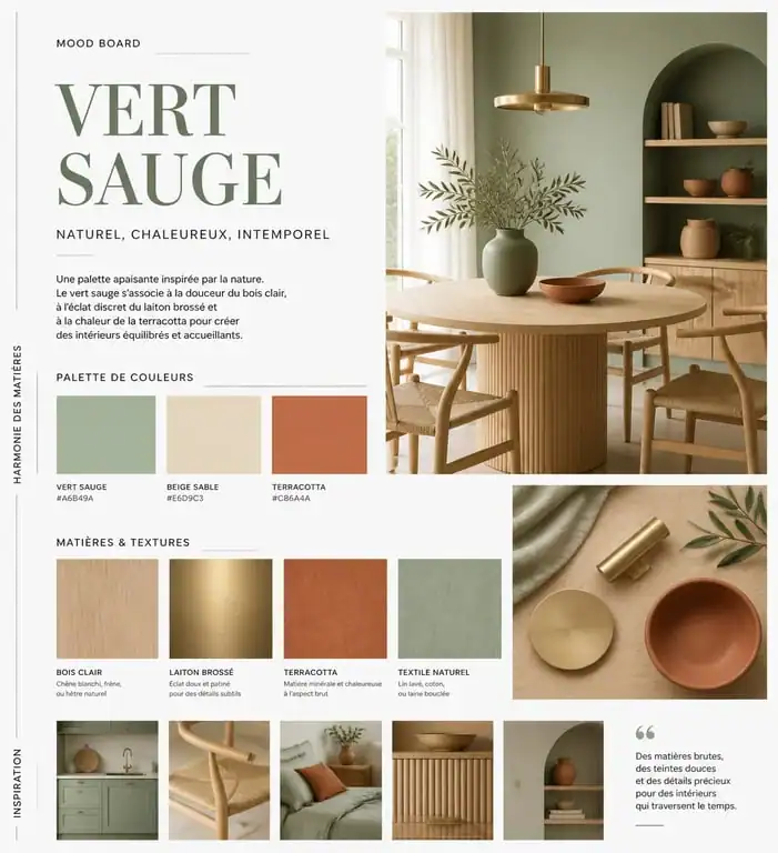 Palette de couleurs vert sauge avec bois, laiton et terracotta pour décoration intérieure