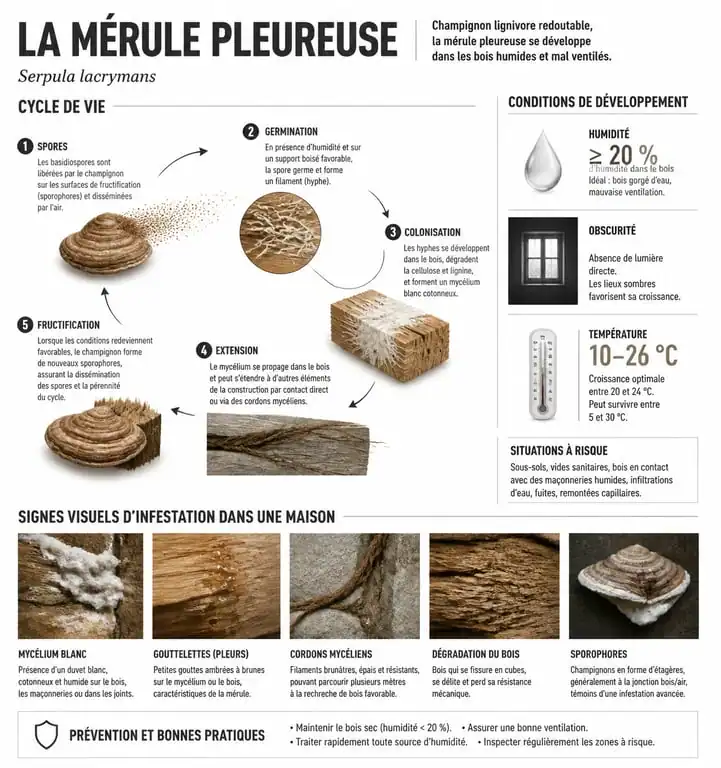 Infographie explicative des signes de mérule et conditions de développement dans une habitation