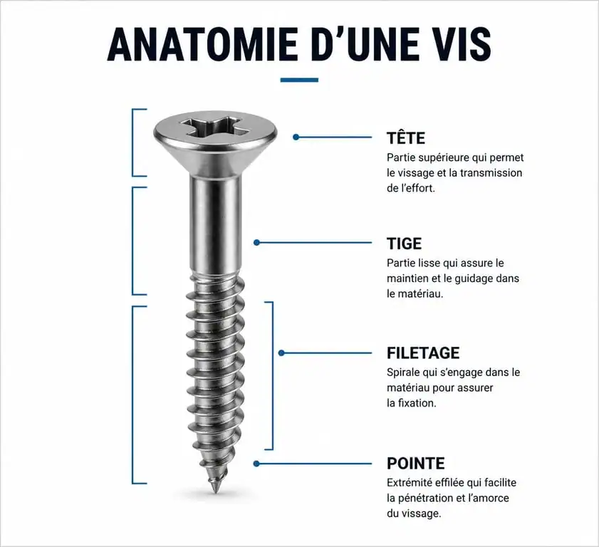 Schéma explicatif de l'anatomie d'une vis : tête, tige, filetage et pointe pour le bricolage