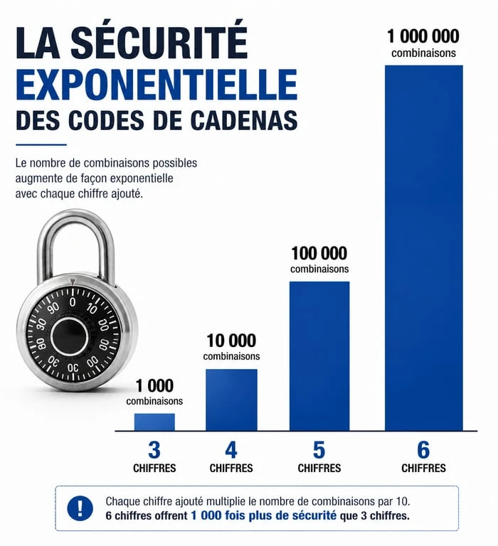 Infographie sur la sécurité des cadenas à code : nombre de combinaisons possibles selon le nombre de chiffres