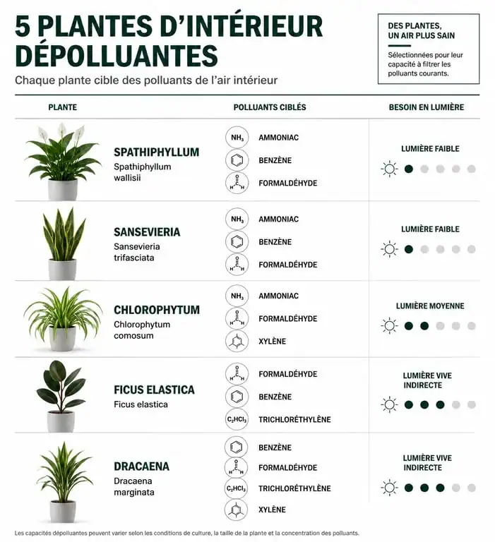 Infographie des meilleures plantes d'intérieur dépolluantes et leurs bienfaits sur la qualité de l'air