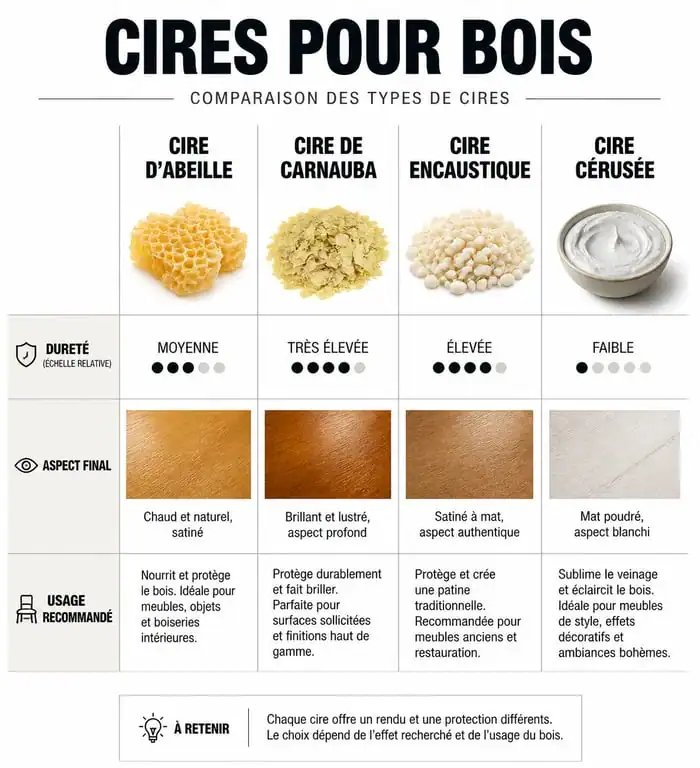 Infographie comparative des types de cires pour meubles en bois : cire d'abeille, carnauba, encaustique et cire cérusée pour choisir la meilleure cire pour meubles.