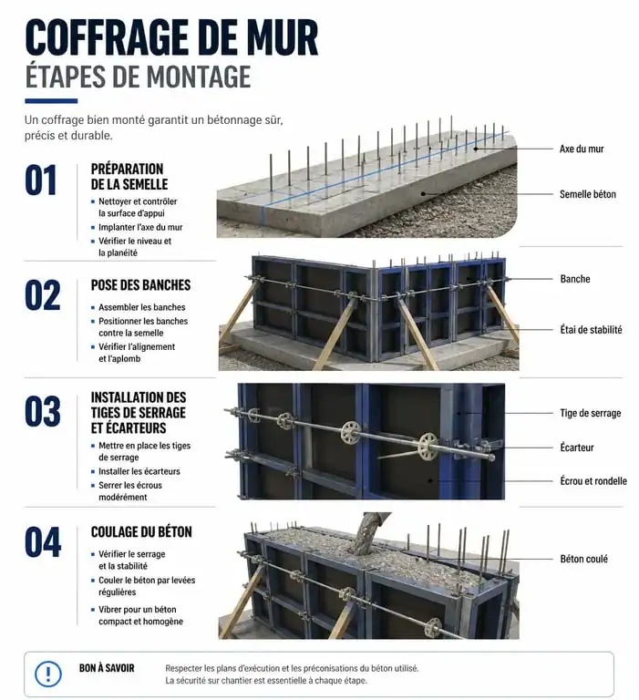 Infographie des étapes de montage d'un coffrage de mur en béton