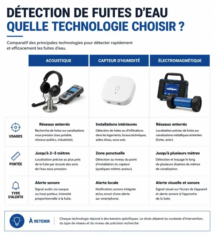 Infographie comparative des technologies de détecteur de fuites d'eau pour la maison