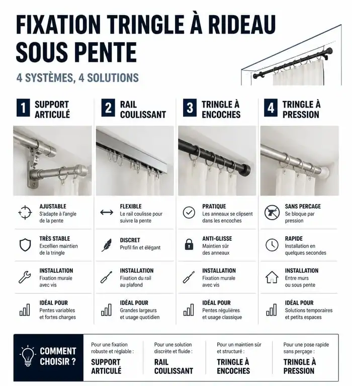 Comparatif des systèmes de fixation pour tringle rideau sous pente