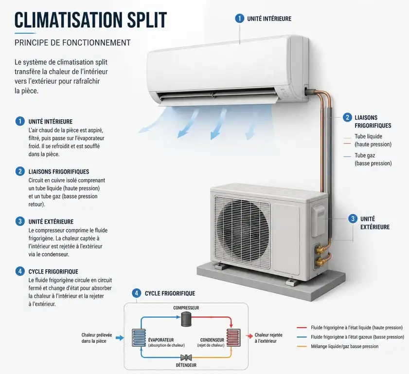 Schéma de fonctionnement d'une installation de climatiseur split