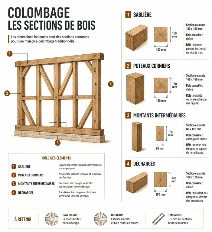 Schéma des sections de bois pour colombage
