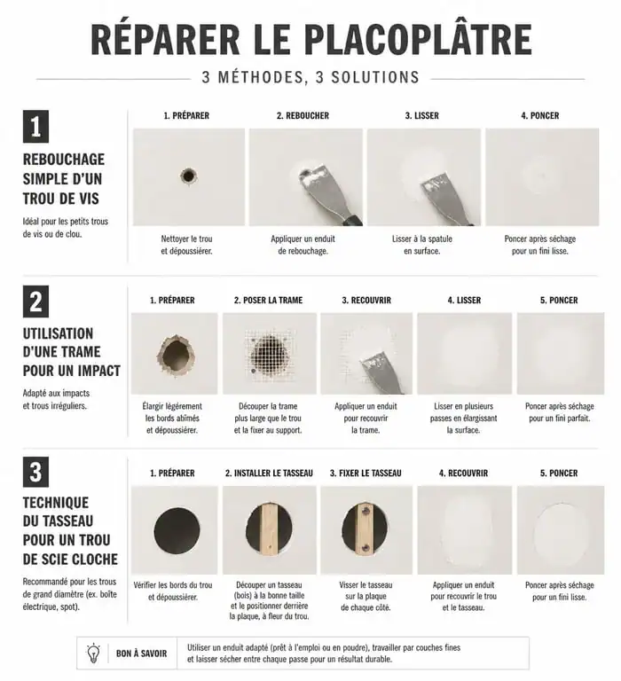 Étapes pour reboucher un trou dans du placoplâtre : des petits impacts aux trous de scie cloche.