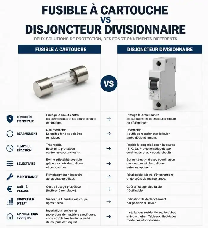 Infographie comparative : Fusible vs Disjoncteur pour comprendre le fonctionnement et la sécurité de votre installation électrique