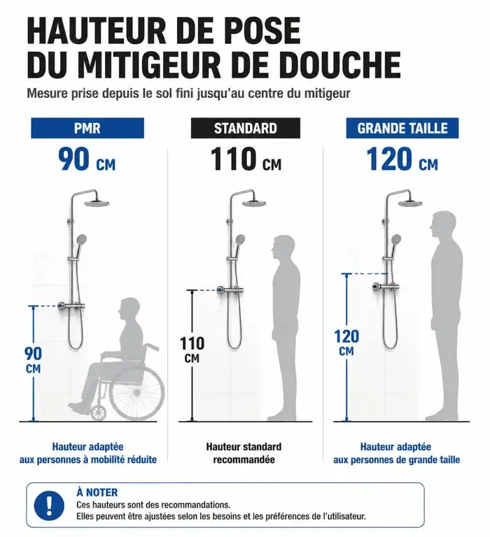Schéma des hauteurs recommandées pour l'installation d'un mitigeur de douche selon le profil utilisateur