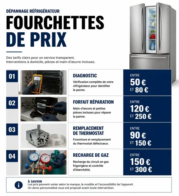 Infographie des tarifs moyens pour un dépanneur frigo et réparation de réfrigérateur